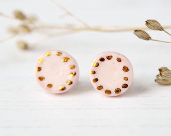 Pink ceramic earrings Romantic gift 6kt gold earrings Porcelain jewelry Gift for girlfriend Feminine jewelry For her