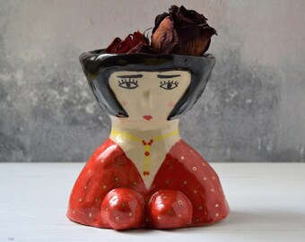 Louise Brooks ceramic vase Quirky handmade pottery Illustrated planter Gift for artists