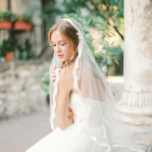 Beaded Lace Juliet Cap Wedding Veil: Scallop Edge, 1920s Style
