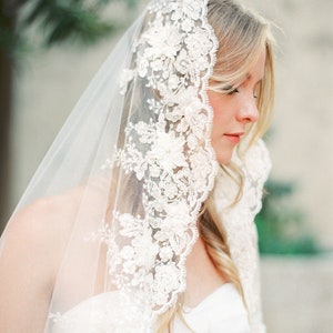 Lace mantilla veil with gliteratti tulle and 3d lace flowers, lace wedding mantilla veil, floor mantilla veil, ivory mantilla veil Style V34 image 1