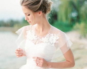 Silk tulle lace bridal capelet, light ivory lace bridal cover up, silk tulle cape, tulle shrug, tulle bolero, Style A01