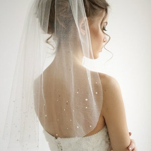 Pearls silk tulle wedding veil, 1/ single tier tulle veil, simple wedding veil, short elbow veil, Honey - Style V06