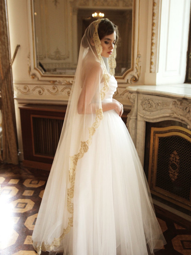 Golden lace mantilla veil gold lace mantilla wedding veil Etsy