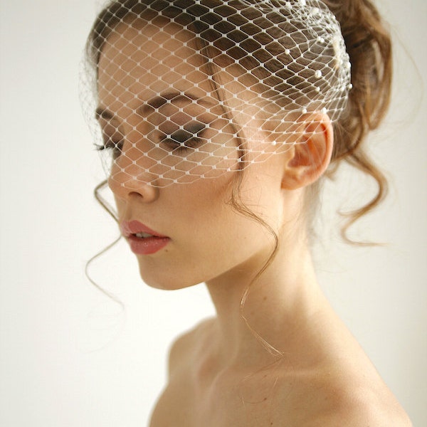 Pearl bandeau birdcage wedding veil, pearl wedding veil, russian netting birdcage, headband veil, Emma - Style V02