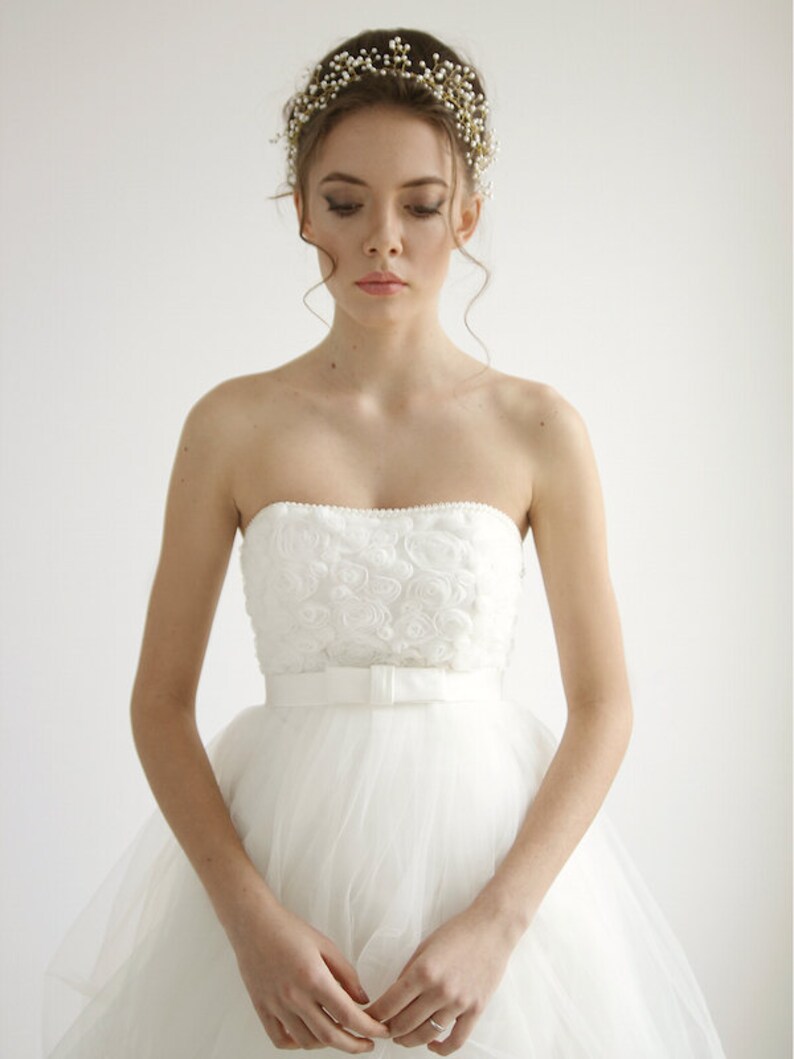 Casque de mariage filaire perle, diadème de mariage perle, couronne, casque de mariage doré perle, Aurelia Style H01 image 1