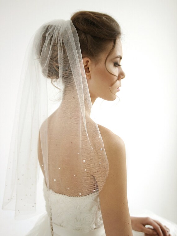 Pearls Silk Tulle Wedding Veil 1/ Single Tier Tulle Veil 