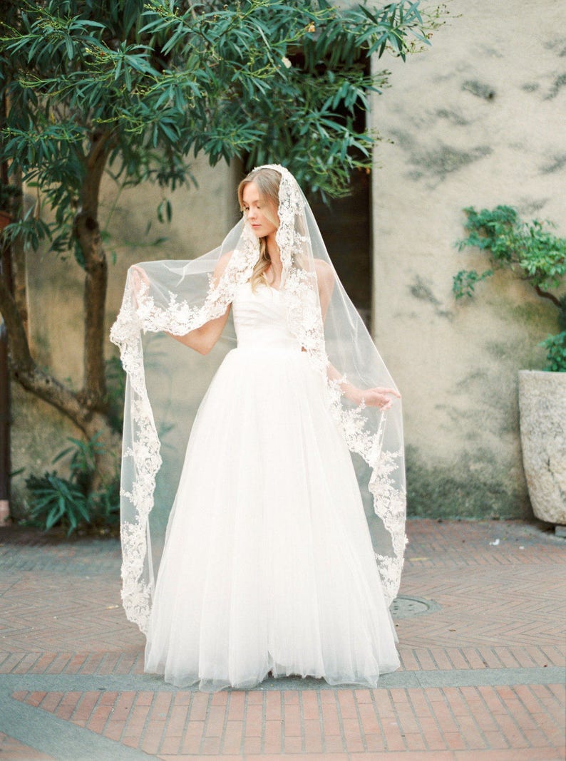 Lace mantilla veil with gliteratti tulle and 3d lace flowers, lace wedding mantilla veil, floor mantilla veil, ivory mantilla veil Style V34 image 4