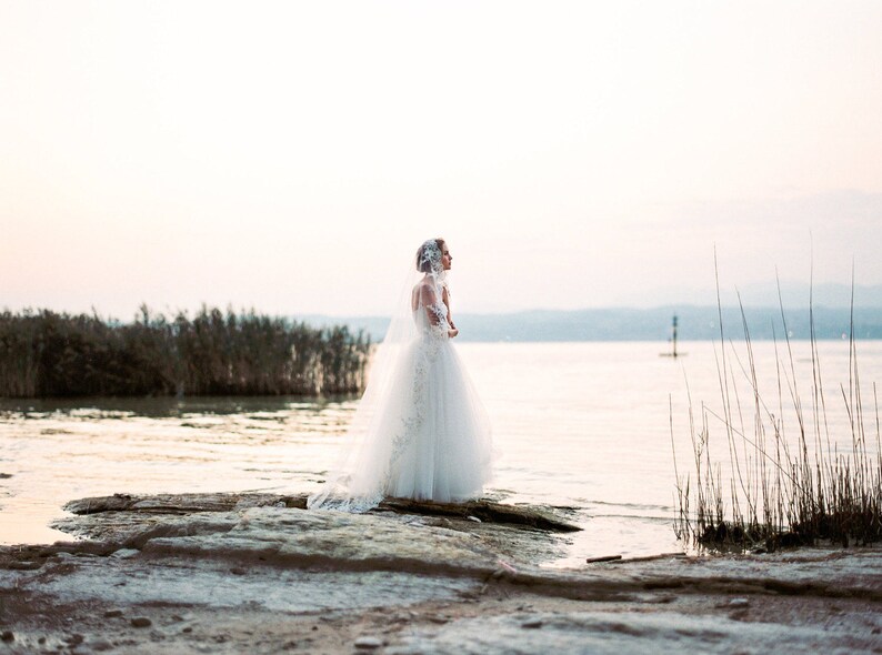 Lace mantilla veil with gliteratti tulle and 3d lace flowers, lace wedding mantilla veil, floor mantilla veil, ivory mantilla veil Style V34 image 2