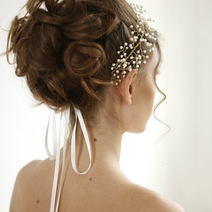 Pearl wired wedding headpiece, pearl wedding tiara, crown, pearl golden wedding headpiece, Aurelia Style H01 image 2