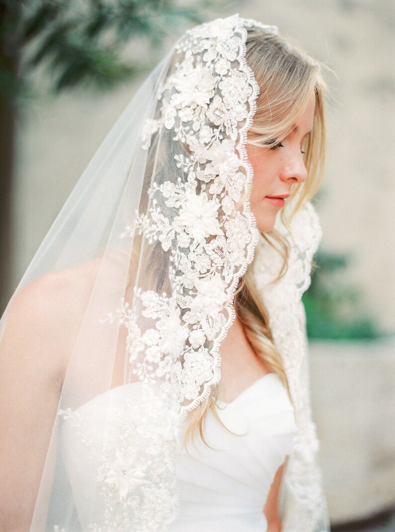 Lace mantilla veil with gliteratti tulle and 3d lace flowers, lace wedding mantilla veil, floor mantilla veil, ivory mantilla veil Style V34 image 1
