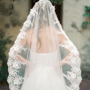 Lace mantilla veil with gliteratti tulle and 3d lace flowers, lace wedding mantilla veil, floor mantilla veil, ivory mantilla veil Style V34 image 3