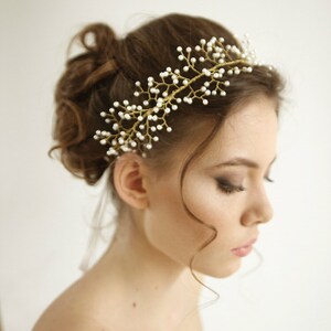 Pearl wired wedding headpiece, pearl wedding tiara, crown, pearl golden wedding headpiece, Aurelia Style H01 image 3