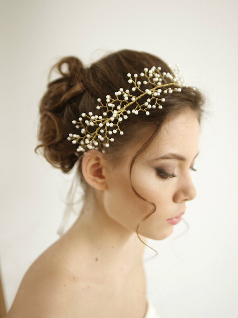 Pearl wired wedding headpiece, pearl wedding tiara, crown, pearl golden wedding headpiece, Aurelia Style H01 image 3