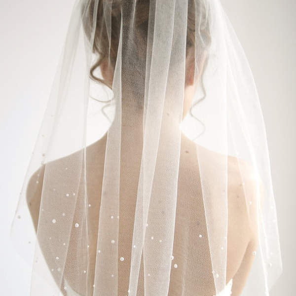 Pearls silk tulle wedding veil, 1/ single tier tulle veil, simple wedding veil, short elbow veil, Honey - Style V06