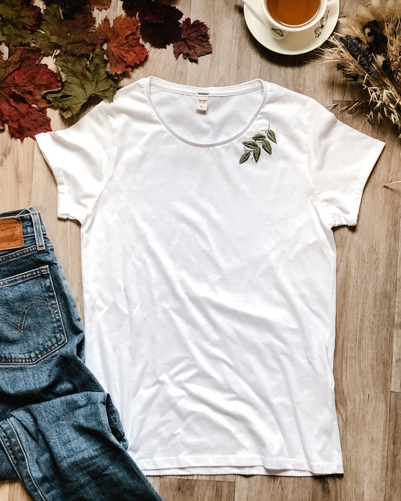 T-shirt en coton brod\u00e9 \u00e0 la main femme motif feuille