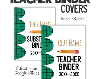 Teacher Binder Covers & Spine Editable in Google Slides, Pencil Border