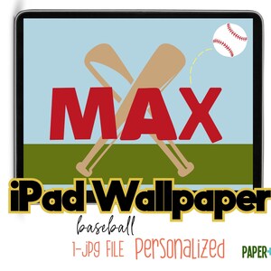 Può includere: Sfondo per iPad a tema baseball con due mazze incrociate e una palla da baseball che vola nell'aria. Il nome "MAX" è scritto in lettere rosse su un campo verde. Il testo "iPad Wallpaper baseball 1-jpg FILE Personalizzato PAPER+CHAIN" è in basso nell'immagine.