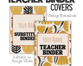 Teacher Binder Covers & Spine Editable in Google Slides, Binder Dividers, Vintage Botanicals Neutral Design
