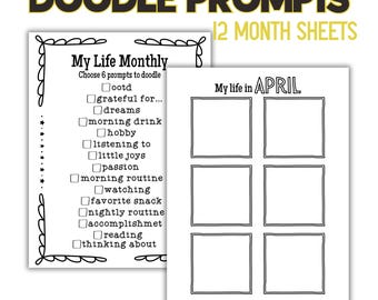 Monthly Personal Doodle, Journal Prompts Printables for Year Self Reflection, Creativity Journal,Doodle Challenge