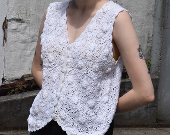 White Cotton Crochet Sleeveless Button Up Blouse