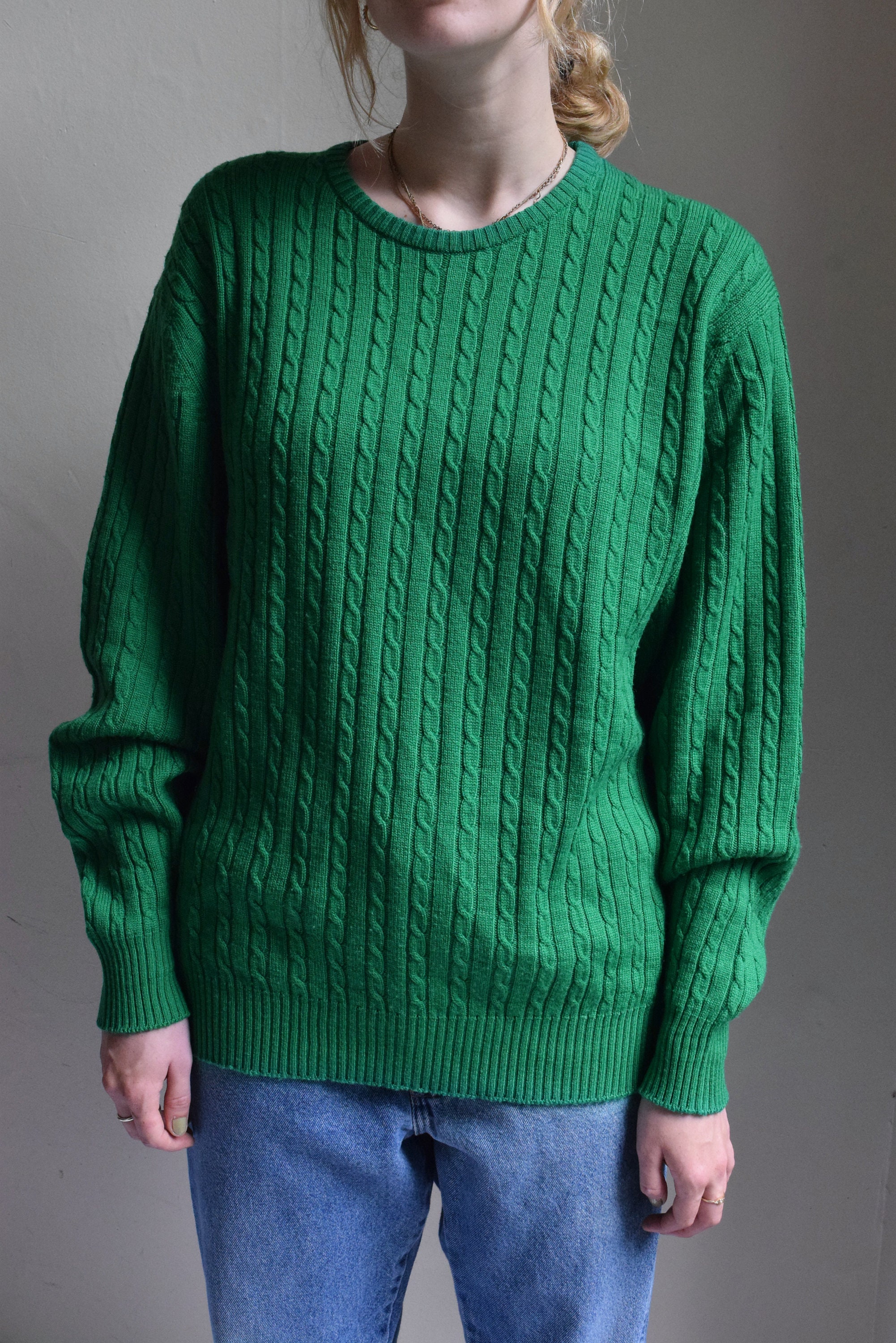 Emerald Green Merino Wool Cable Knit Sweater.