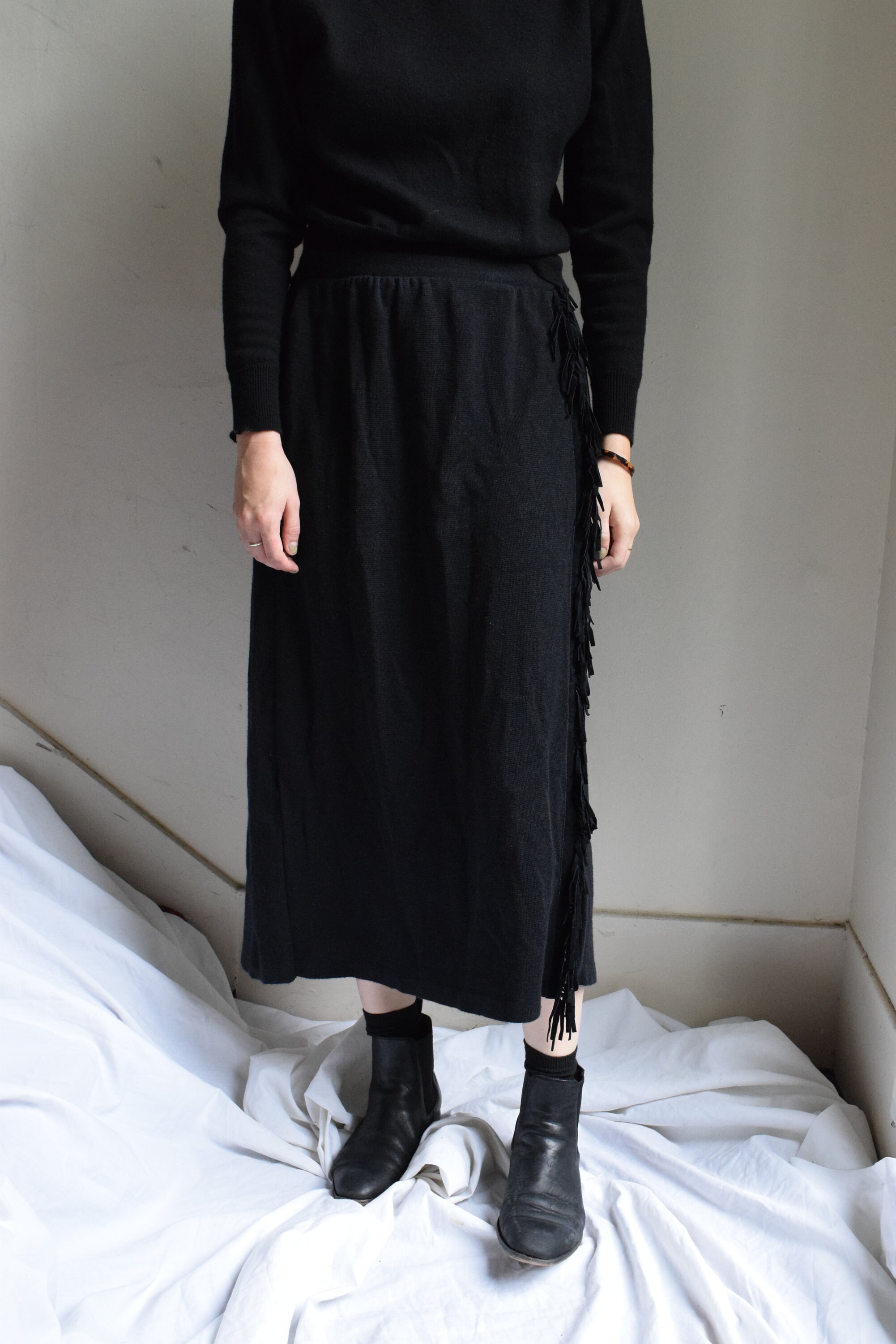 Black Fringed Floor Length Skirt