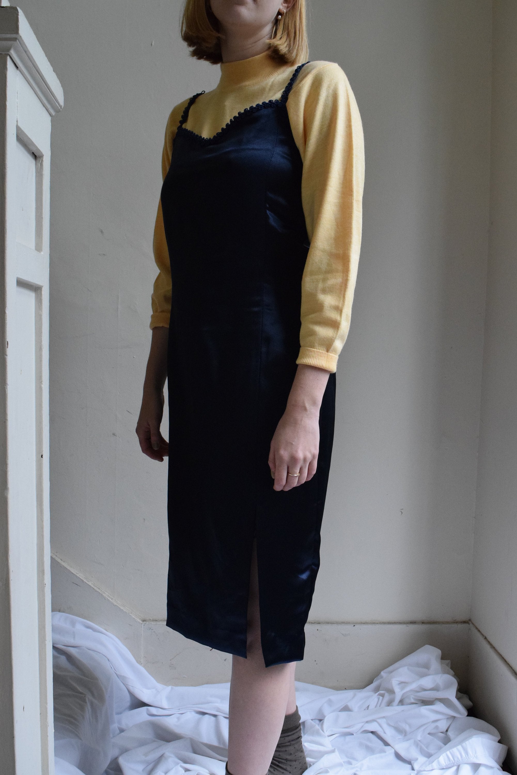 navy midi slip dress