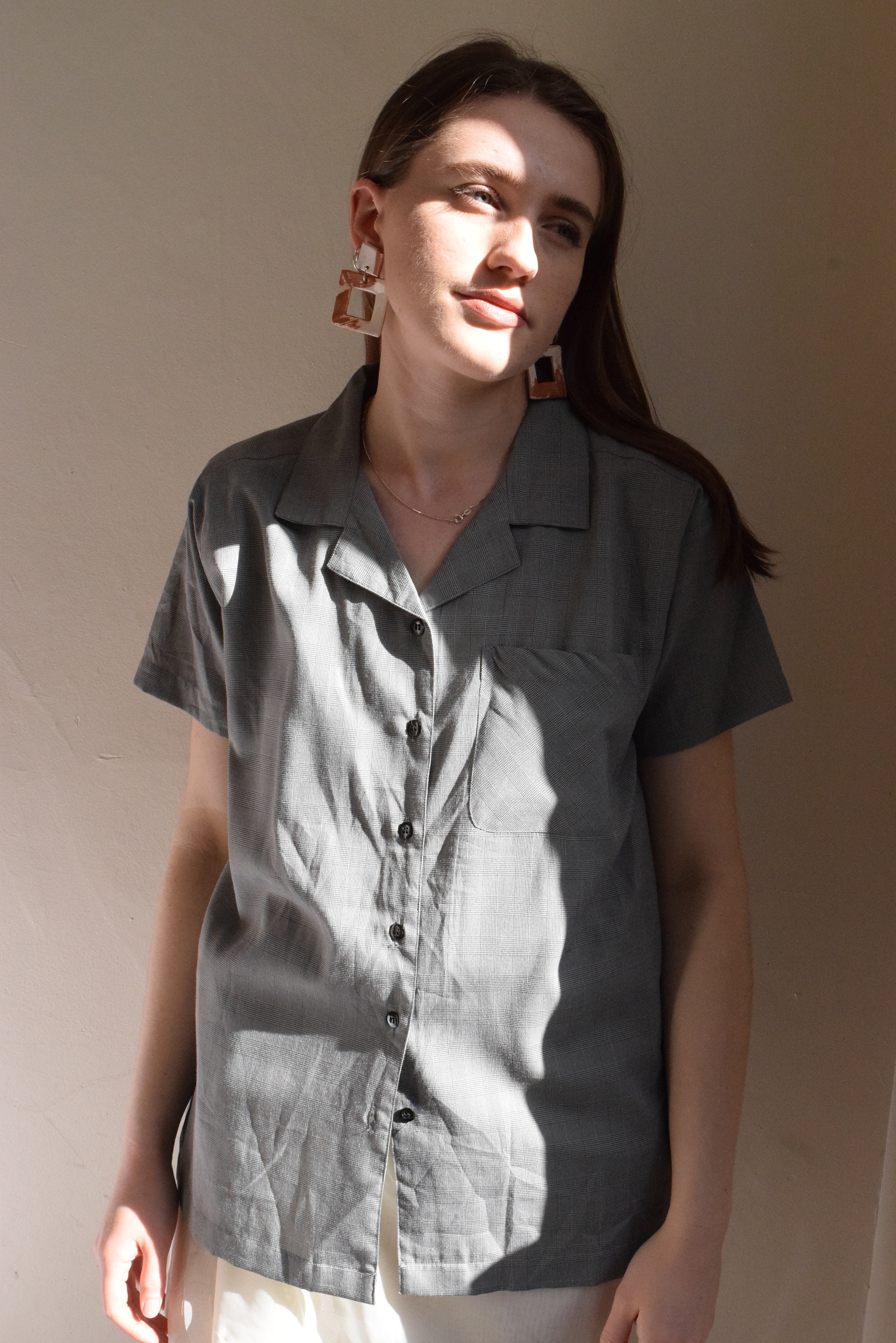 Grey Micro Plaid Short Sleeve Shirt.