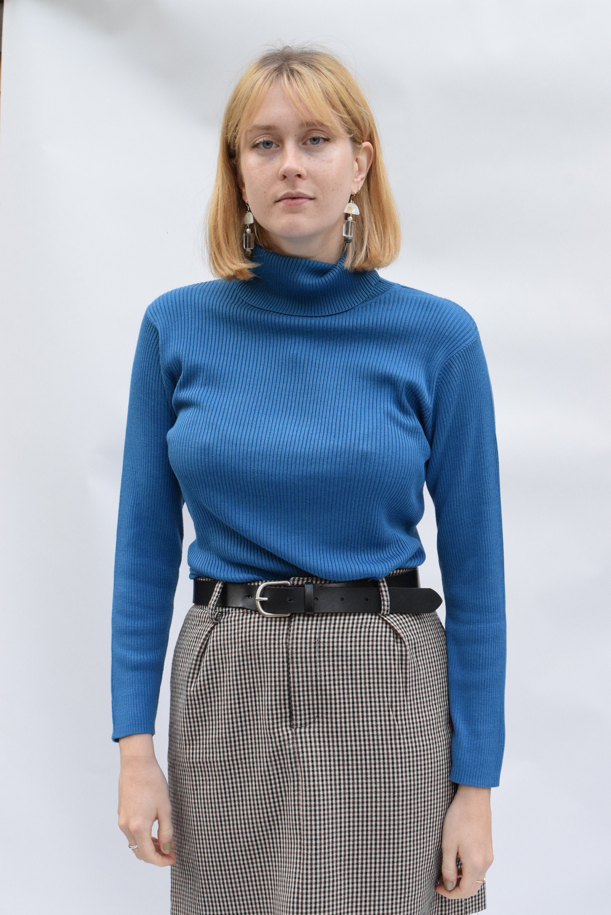 Silk Teal Ribbed Turtleneck Pullover