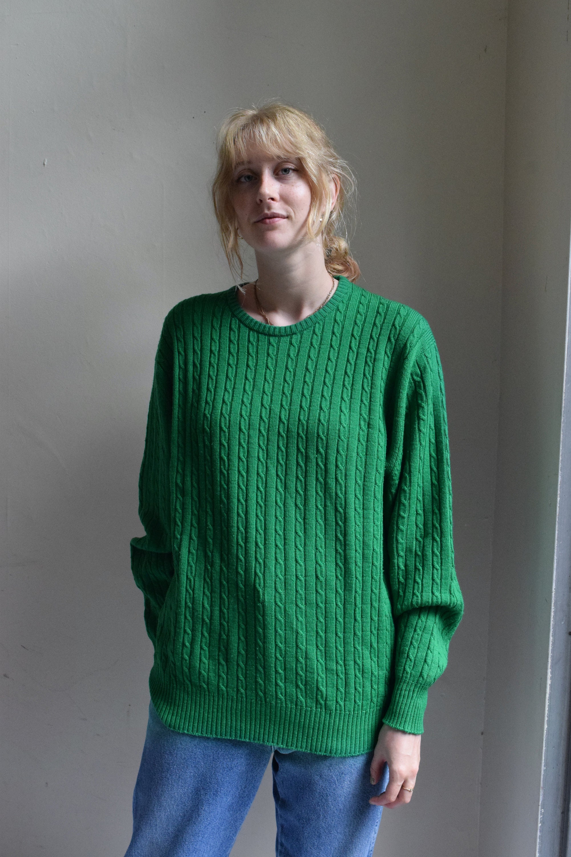 Emerald Green Merino Wool Cable Knit Sweater.