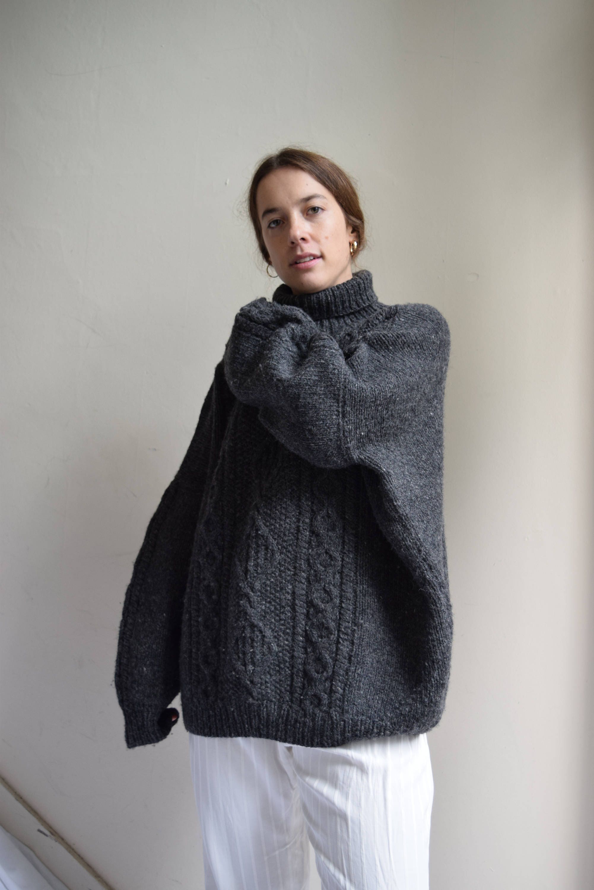 Charcoal Grey, Chunky Wool Cable Knit Turleneck Sweater.