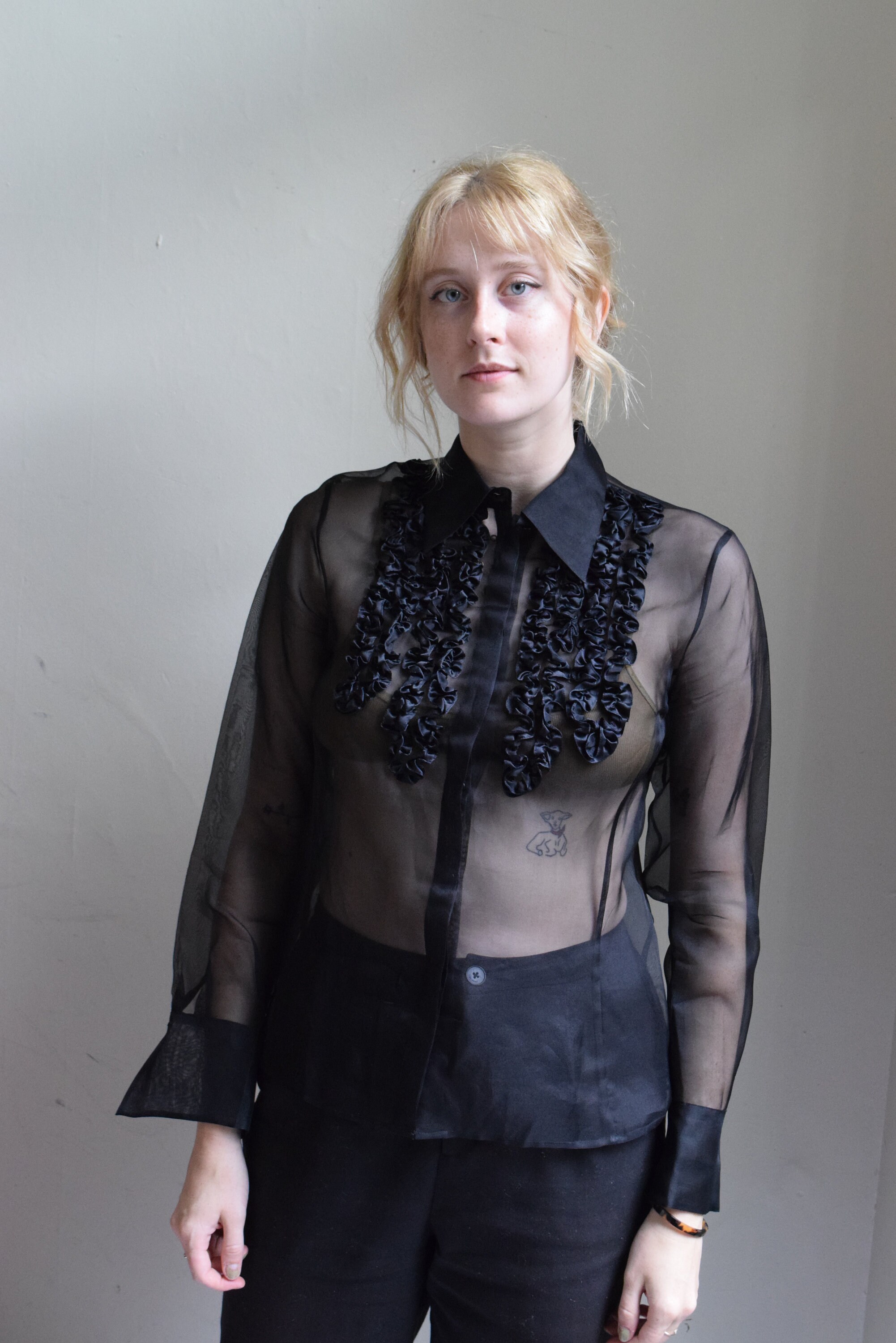 black sheer ruffle top