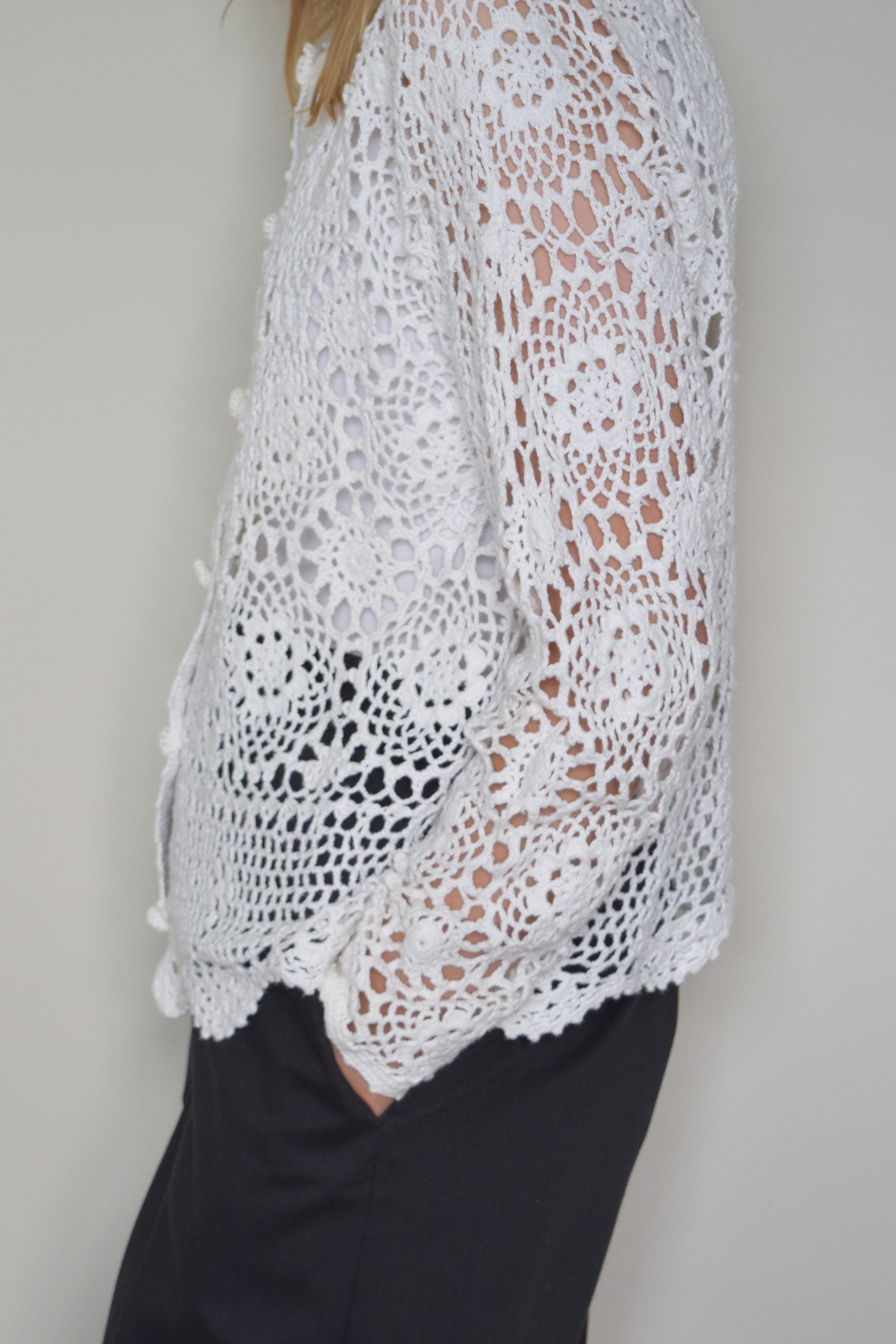 white crochet cardigan