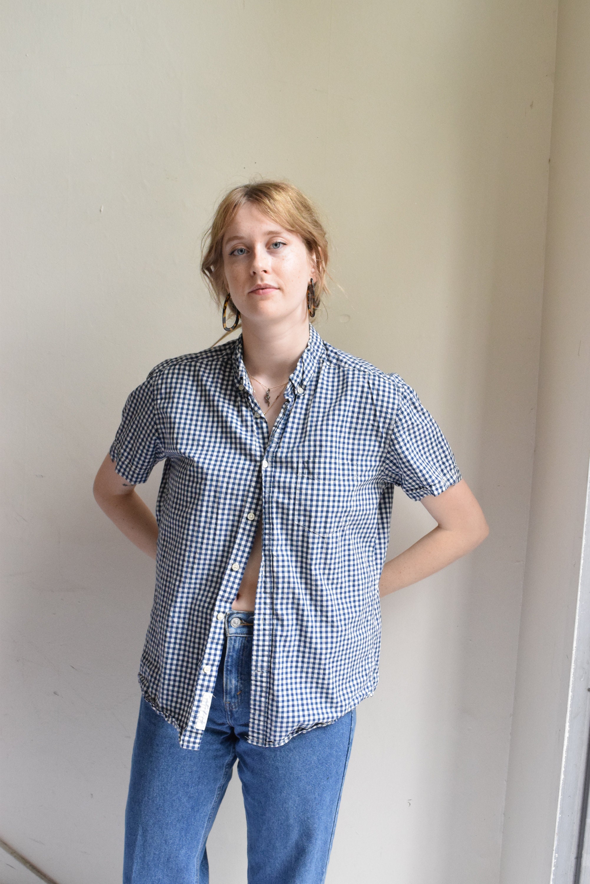 navy white gingham shirt