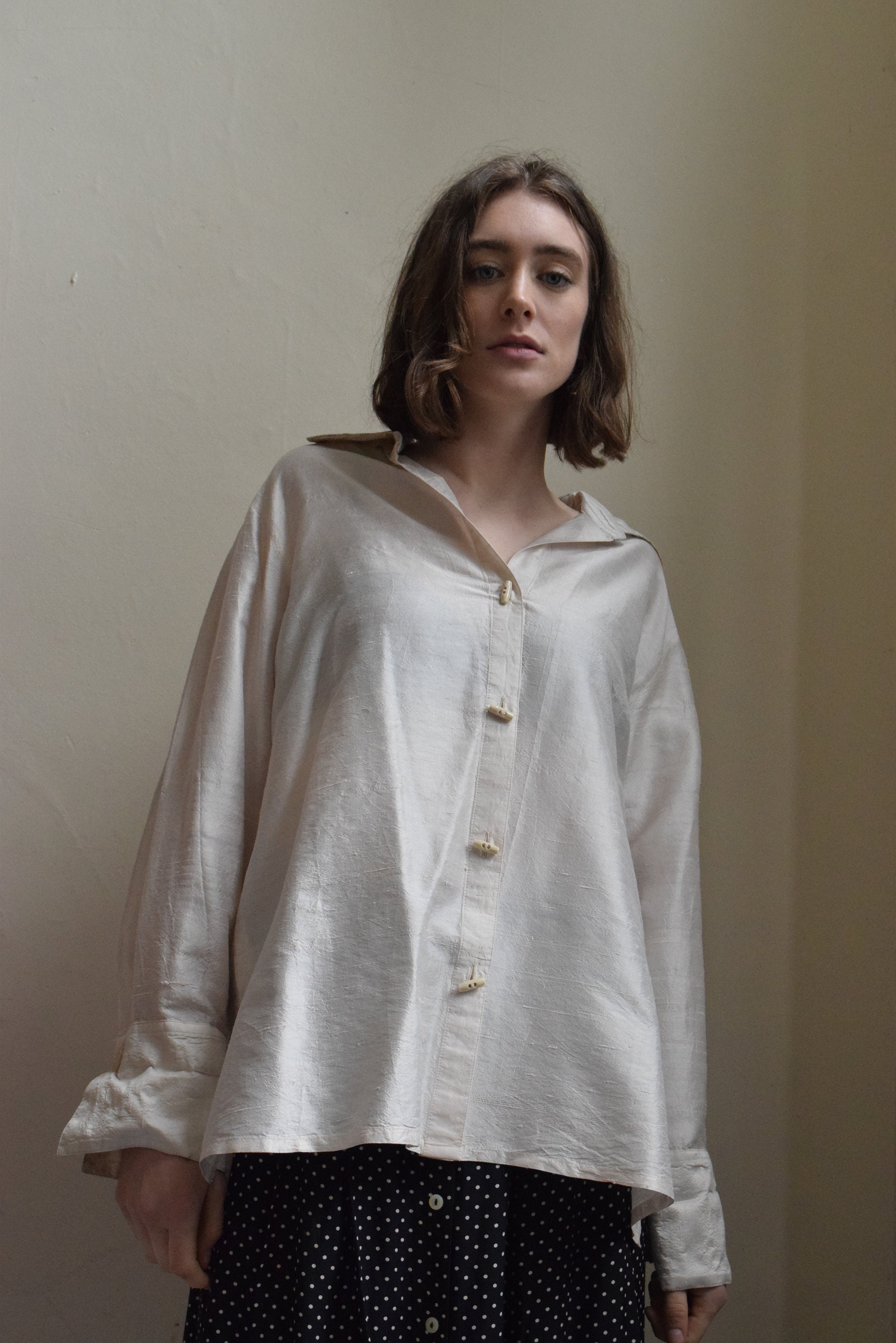 Ivory Raw Silk Long Sleeve Blouse | Print Optional