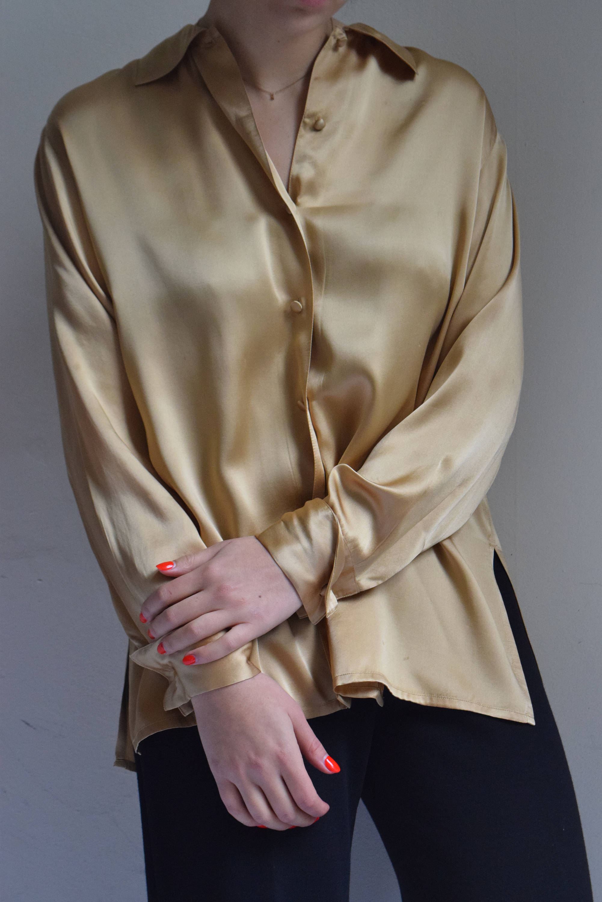 Metallic Gold Silk Long Sleeve Shirt | Print Optional