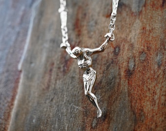 Silver Surrealist Crucifix Necklace, Cross Sculpture, Silver jewelry, Floating Jesus pendant, Christ of St John of the Cross