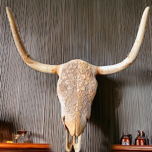 Handmade Large Carved Wooden Cow Skull | 36&quot; Rustic Wall Art | Boho Farmhouse Decor | Tribal Skull Wall Hanging | Unique Rustic Home Decor