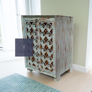 Wooden Hand Carved Nightstand Side table Indian Style Gold Brass Worked Bedside Cabinet