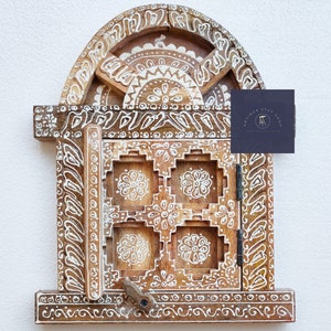 Small Wooden Jharokha Wall Frame – Hand Carved Rajasthani Window Decor – Mini Boho Indian Photo Frame – Vintage Ethnic Wall Hanging Art