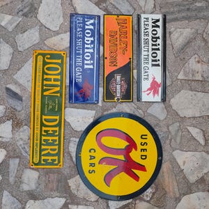 Ok used cars mobiloil Harley Davidson John Deere Lot of 5 Porcelain Enamel Sign Board Collectible Advertisement