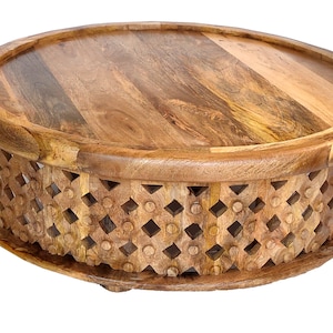 Lattice Round Coffee Table Wood Coffee Table Hand Curved Table in Raw Mango wood Home Decor Room Decor Beautiful Decor Indian Handicraft Art