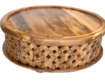 Lattice Round Coffee Table Wood Coffee Table Hand Curved Table in Raw Mango wood Home Decor Room Decor Beautiful Decor Indian Handicraft Art