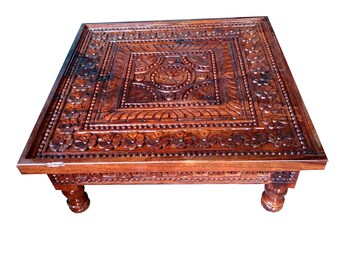 Carving Bajot Chowki Chowkies Wooden Handmade Embossed Painted Side Corner Pooja Mandir Temple Or low rise wooden coffee table