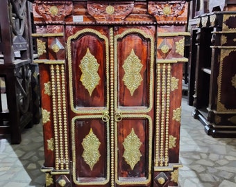Wooden Carved Brass Fitted Console Cabinet 25 x 14.5 x 36 Inches