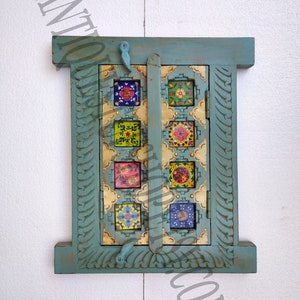 Jharokha Frame Tiles Mosaic Art Wood Hand Carving Painted Picture Brass Worked India Indian Vintage Style Wooden Handcrafted Home Decor