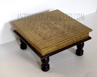 Low Rise Stool Chowkies Bajot Brass Fitted Wood Painted For Pooja Mandir Temple Or Home Room Square Corner
