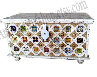 Wooden Chest White Washed Mosaic Tiles Fitted & Brass Worked