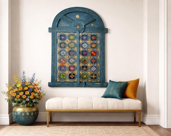 Vintage Indian Jharokha Frame: Hand-Carved Wood Mosaic Art