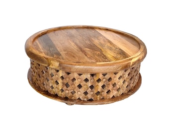 Hand Carved Lattice Round Coffee Table: Raw Mango Wood